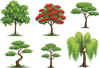 Cartoon illustration of different trees, tropical tree, flowering tree, bonsai style, willow tree, green foliage, botanical collection, landscape design, nature vegetation, ecology © AVIJIT