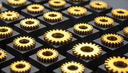 Gold gears sit atop black cubes in a neat, repeating pattern