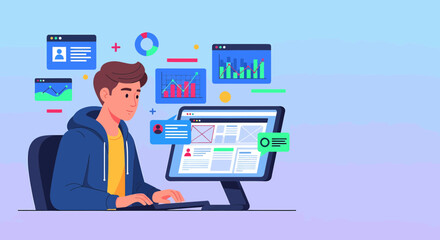 Man Analyzing Data And Graph On Computer Screen Development
