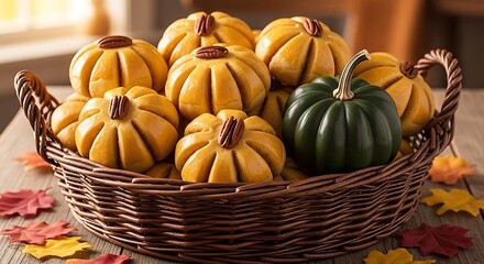 Woven basket filled with decorative gourds and pumpkins