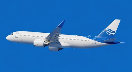 Obraz premium Modern white airplane flying high in a clear blue sky