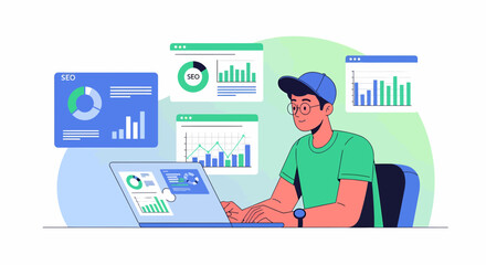 Man Working With SEO Data And Analytical Charts On His Laptop