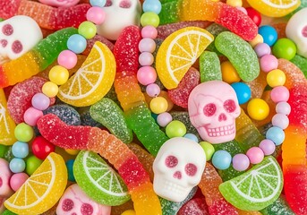 Colorful assortment of gummy candies and skull shaped treats