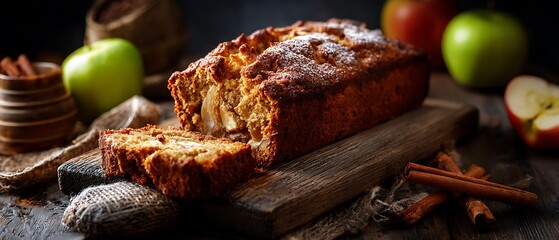 Sweet homemade apple loaf with golden crust on board  
