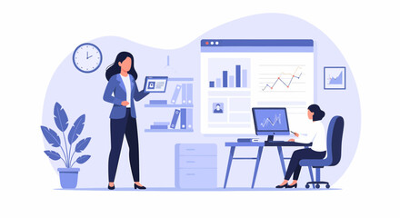 Teamwork And Data Analysis In Modern Office Illustration