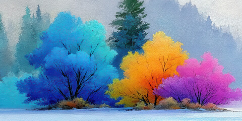 Oil Painting of Vibrant Blue Yellow and Pink Abstract Trees in a Snowy Landscape