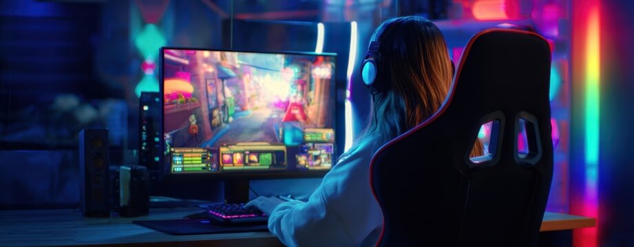 The gamer at a neon-lit desktop gaming setup immersed in vibrant action