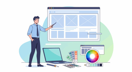 Web Designer Discussing Website Wireframe With Color Palette And Laptop