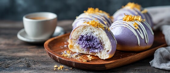 Purple ube dessert bun with white icing and gold flakes  
