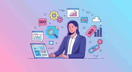 Woman Optimizing Seo Strategy Online With Laptop And Search Engine