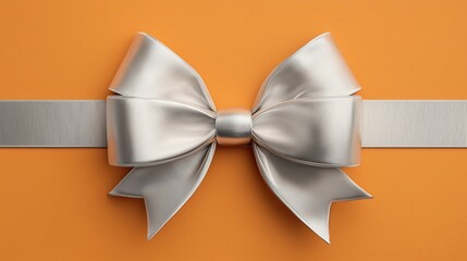 A silver ribbon bow on an orange background. The bow is intricately designed with a shiny finish, suitable for gift wrapping or decoration.