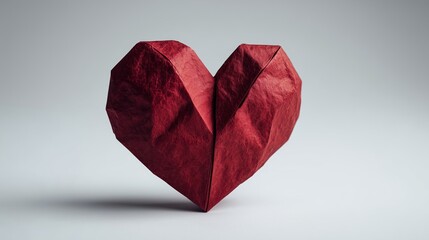 A red origami heart made from textured paper. The heart is intricately folded, showcasing sharp creases and a three-dimensional appearance.