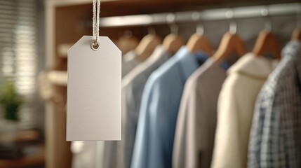 A blank price tag hangs in front of a row of neatly arranged shirts on wooden hangers. The shirts are in various colors, including blue, white, and checkered patterns.