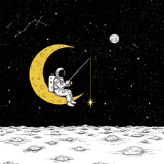 An astronaut fishing for a star while sitting on the moon, isolated on white background, a whimsical scene blending space exploration with fantasy © Laura