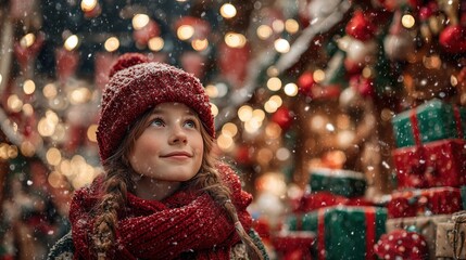 A young Caucasian girl with brown hair and braids wears a red knitted hat and scarf. She gazes up at festive decorations and snowflakes in a holiday market.