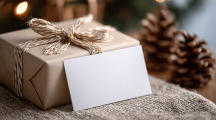 A wrapped gift box with a blank tag sits on a textured surface. Pine cones are nearby, and soft holiday lights are blurred in the background.