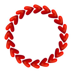 Red heart circle frame for love design. Glossy red hearts forming a circular frame, suitable for Valentine’s Day cards, wedding invitations, and romantic graphic design.