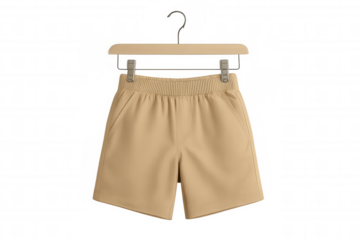 Casual beige shorts with elastic waist hanging on wooden clip hanger, displaying comfortable summer fashion apparel