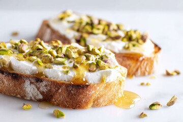Close-up view of sourdough toast slices topped with creamy white ricotta cheese, chopped green pistachios and golden honey, presented on a white surface with a bright background