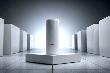 Fototapeta premium Futuristic Minimalist Design: Sleek White Cylinder Amidst Geometric Displays