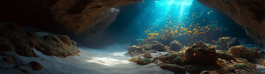 Underwater exploration coral reef cave hdr panorama ocean environment vibrant concept