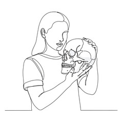 A woman holding a skull isolated on white background, drawn with a single continuous line, creating a minimalist and modern aesthetic with a touch of macabre beauty