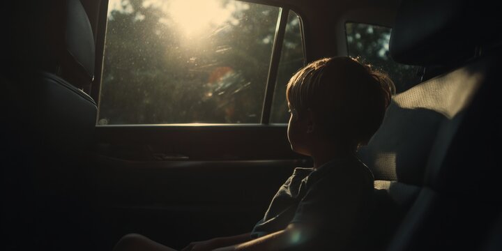 A child sitting alone in a hot car, gazing out the window into the sunlight. The warm, moody atmosphere captures vulnerability and evokes awareness of child safety in vehicles.
