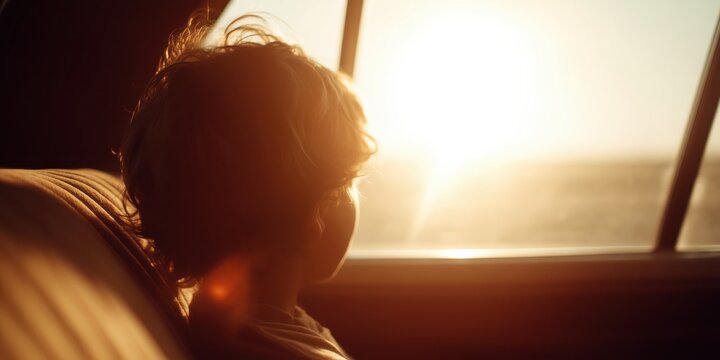 A child sitting alone in a hot car, gazing out the window into the sunlight. The warm, moody atmosphere captures vulnerability and evokes awareness of child safety in vehicles.