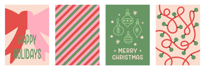 Christmas set of colorful festive backgrounds. Season collection simple vertical cards, banners, prints or posters. Green, red, pink colors. Vector illustration