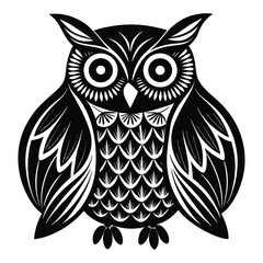 Obraz premium Whimsical black and white owl artistic design featuring intricate feather detail and large expressive eyes vector