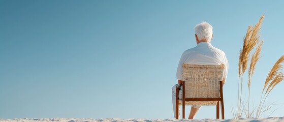 Elderly man sitting alone on woven chair at sandy beach under blue sky, symbolizing solitude, peace, reflection, aging, freedom, and quiet lifestyle.