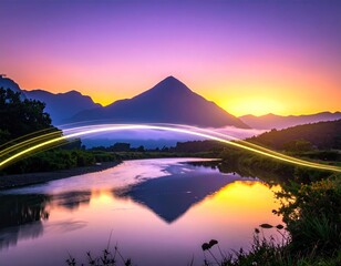 Mountain peak reflecting in river, light trails, vibrant sunset