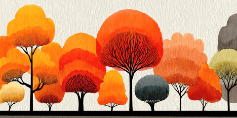 Watercolor Illustration of Abstract Autumn Trees in a Row with Orange and Yellow Hues