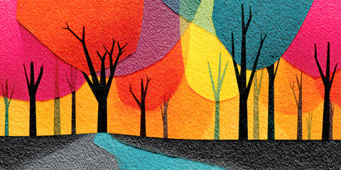 Abstract Felt Texture Art of Vibrant Colorful Trees and Flowing River Landscape