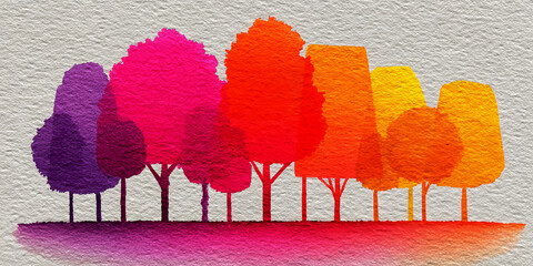 Vibrant Watercolor Gradient Trees in a Row with Pink Purple Red and Orange Hues