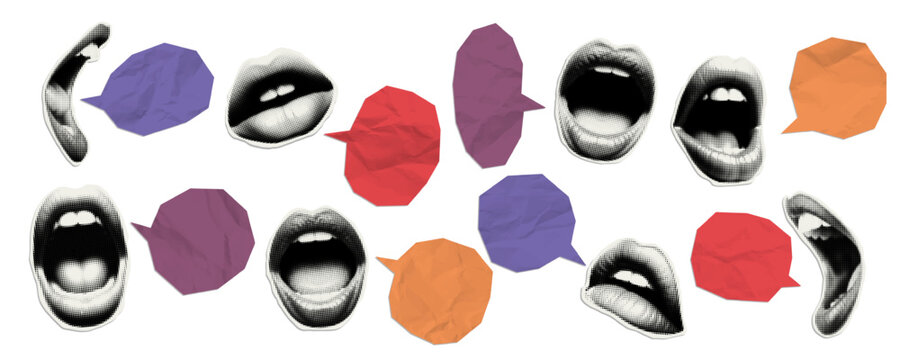 Vector halftone screamed mouth and speech bubbles cut out notebook paper with a wrinkled texture and shadow. Realistic crumpled paper mockup. Collage design template.