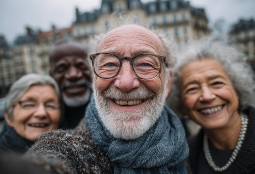 Group of diverse elderly friends smiling joyfully for a selfie in an urban setting, showcasing camaraderie and warmth among seniors enjoying life together