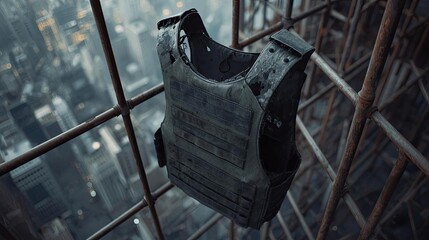 Protective equipment displayed on steel frame urban environment photographic content high angle view safety concept