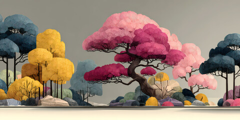 Stylized Japanese Landscape Art with Pink Cherry Blossom and Blue Yellow Trees