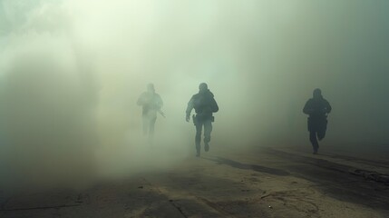 Military personnel running through smoke during training exercise combat zone action photography foggy environment dynamic perspective