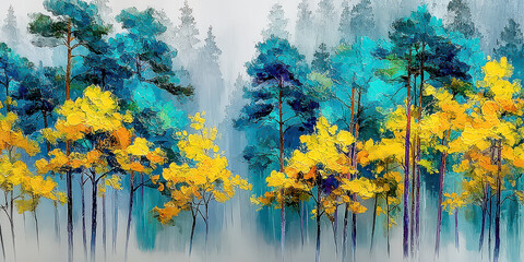 Impressionist Oil Painting of Misty Yellow and Teal Blue Pine Forest Landscape