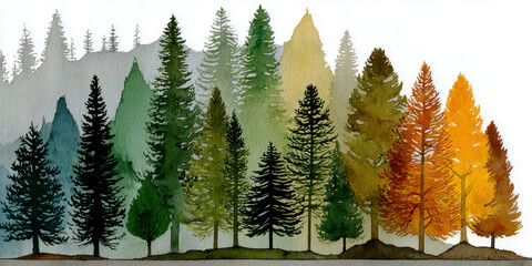 Watercolor Painting of Pine Forest Gradient from Green to Autumn Yellow Orange