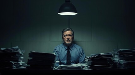 Intense investigation scene office cinematic photography dim lighting dramatic focus on subject