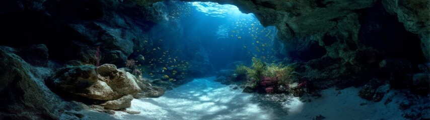 Underwater hdr panorama of a marine cave ocean floor oceanic environment