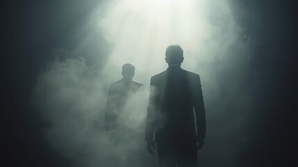 Mysterious figures emerge from fog dimly lit cave atmospheric photography dark and eerie environment artistic perspective