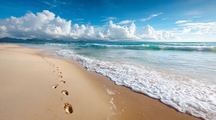 Fototapeta premium Footprints on a tropical sandy beach meeting the gentle wave of the ocean shore.