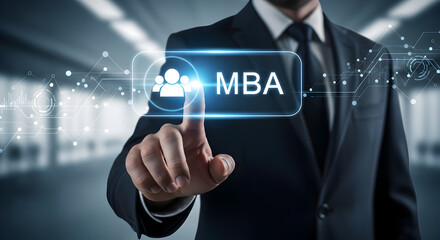 MBA Program Business Education Concept &mdash; Hand Activating Holographic MBA Badge Above Tablet for Executive Learning, Management Training and Graduate Business Studies
