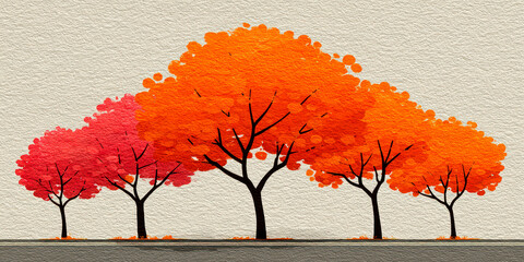 Vibrant Watercolor Row of Autumn Trees with Red and Orange Foliage on Textured Background
