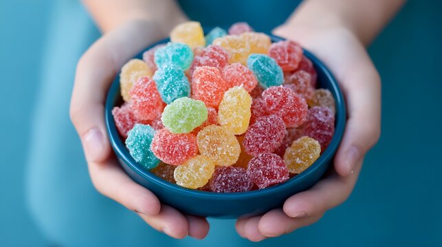 Bowl of colorful sugar coated gummies in hands  
