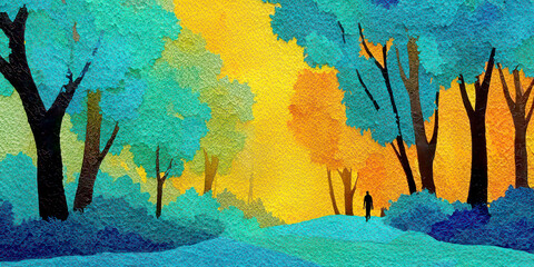 Textured Pop Art Forest with Blue Yellow Orange Trees and Silhouette Figure on Path